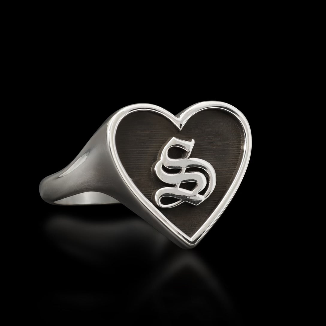 Goth Letter Heart Signet Ring - Sterling Silver